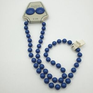 Vintage Blue Beaded Necklace Earring Set Single Strand Hong Kong Retro‎